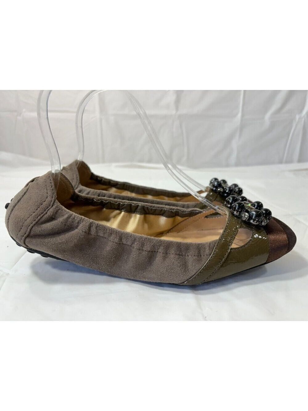 Tod’s Taupe Suede Rhinestone Front Ballet Flats Shoes Size 36 EU 6 US - Picture 2 of 12